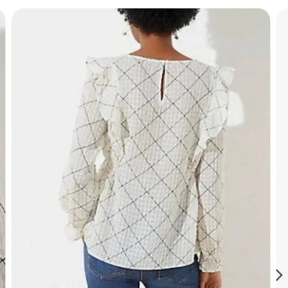 Loft cream/ivory Plaid Ruffle Blouse size large NWT - Picture 3 of 10
